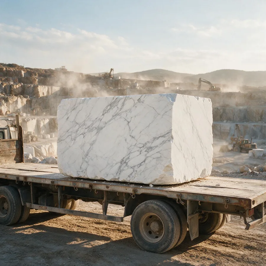 Bloco de mármore extraído na jazida DCosta, pronto para transporte